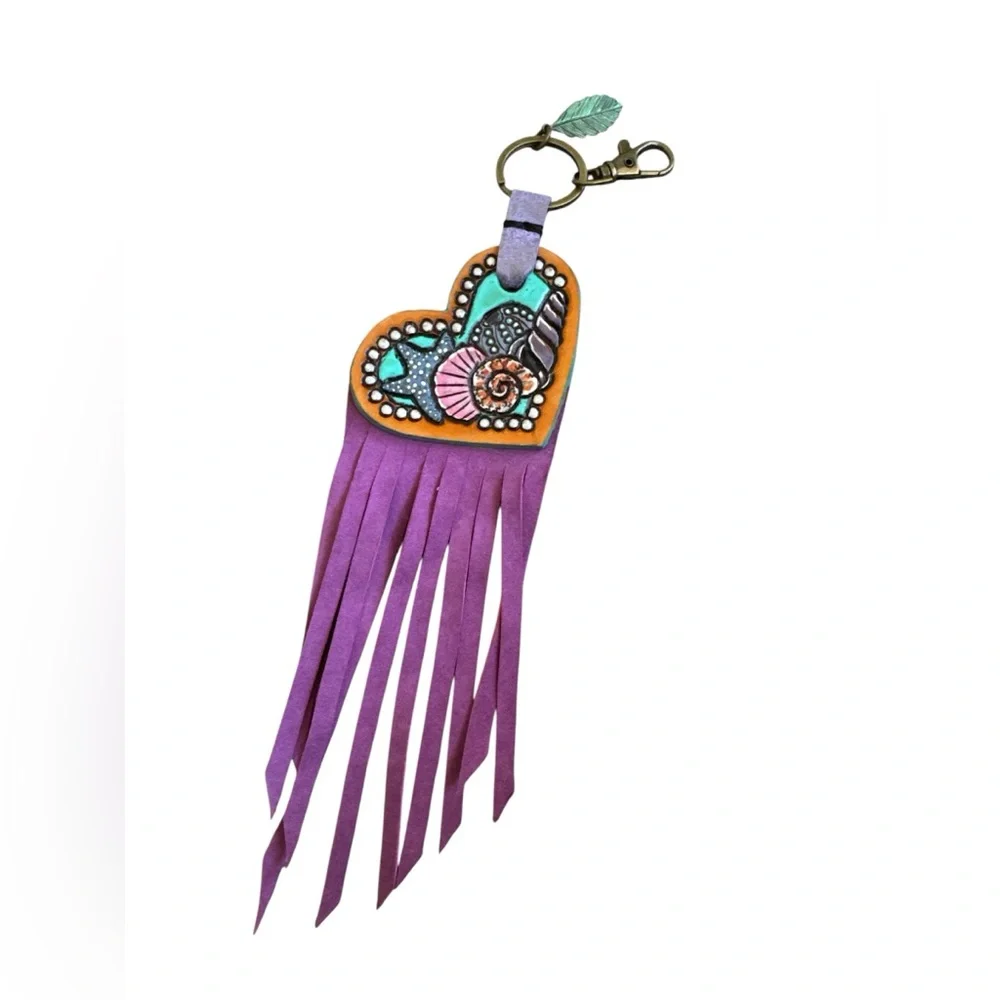 Artisan Southwest Western Leather Heart Ocean Seashell Fringe Purse Keychain